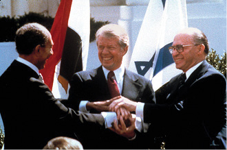U.S. president Jimmy Carter, Egyptian President Anwar El Sadat, and Israeli Prime Minister Menachem Begin.